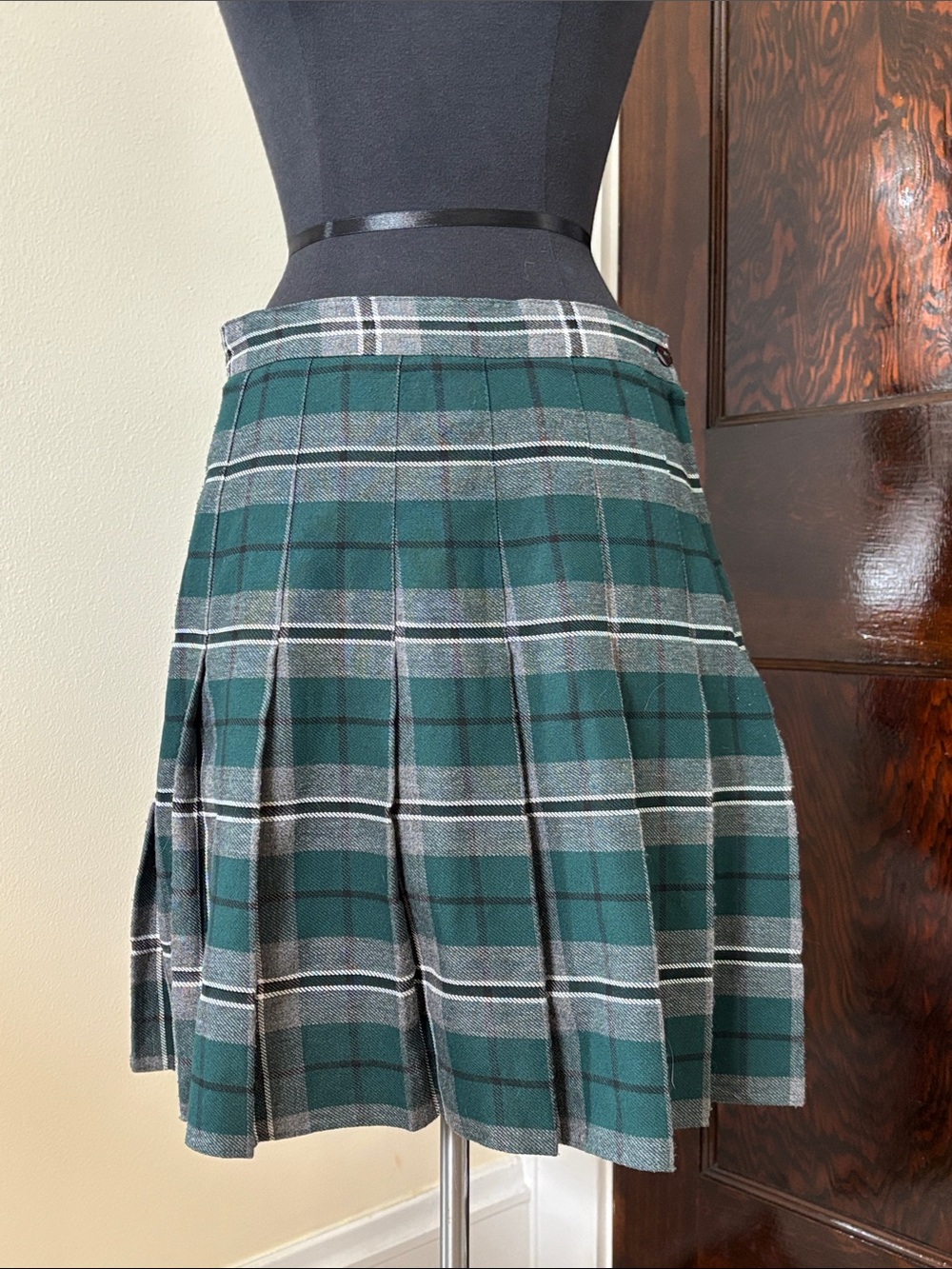 Vintage Green Plaid Pleated Mini Skirt A-line